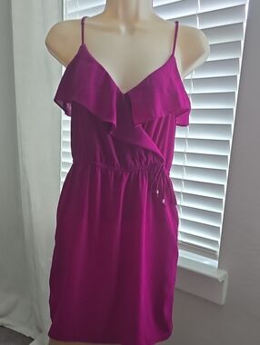 American Eagle Outfitters Magenta Ruffle-Detail Spaghetti Strap Mini Dress